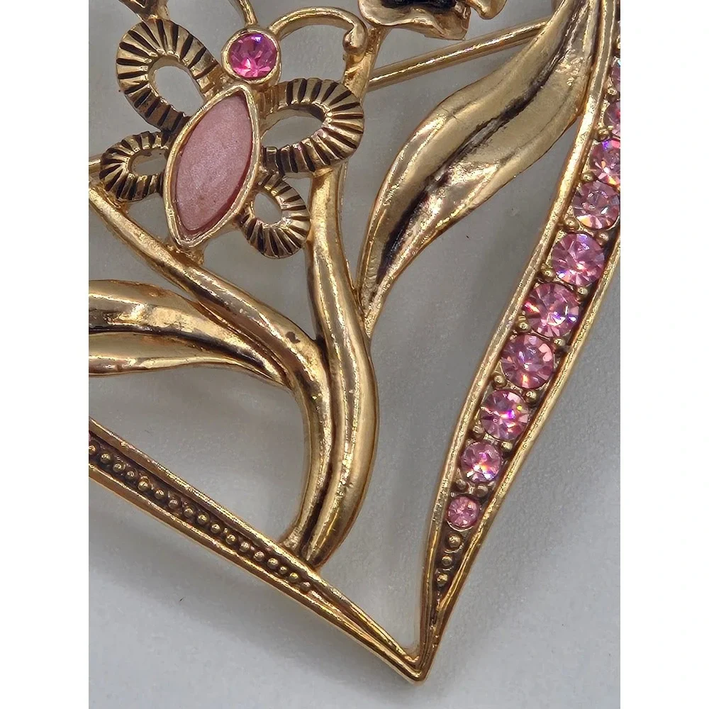 Vintage Rhinestone Brooch Set of‎ 2 Gold Tone Pink Heart Floral Butterfly Pins